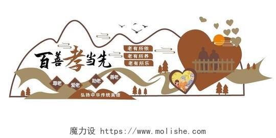 褐色大气创意中国风百善孝当先养老院文化墙设计